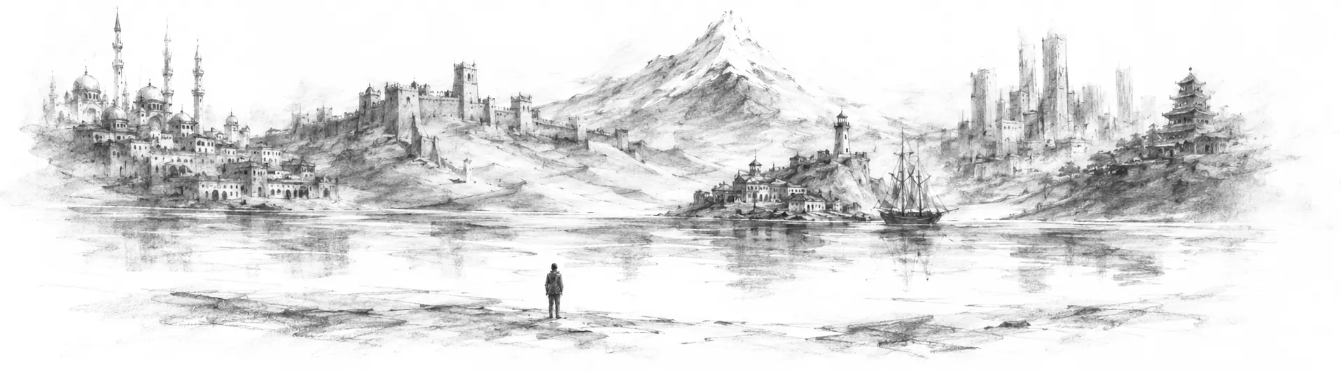 Charcoal sketch of an impossible dream-country of far places across still water, a lone figure on the near shore gazing across