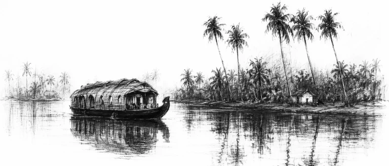 Charcoal sketch of a still backwater at evening, a thatched houseboat on a broad lagoon, palms and their reflections, low green banks - never been abroad