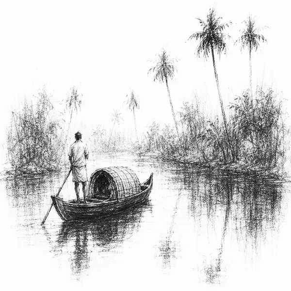Charcoal sketch of a narrow country boat poled along a green canal