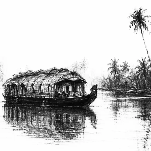 Charcoal sketch of a thatched-roof houseboat of Alleppey on a calm lagoon