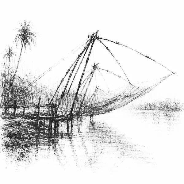 Charcoal sketch of shore fishing nets at the water's edge