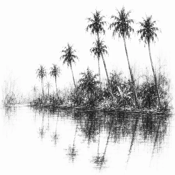Charcoal sketch of tall palms reflected in still canal water