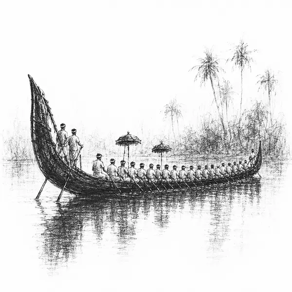 Charcoal sketch of a long snake-boat of Alleppey with many rowers