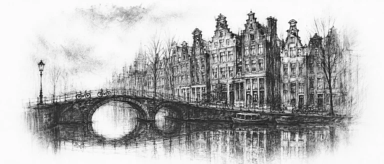 Charcoal sketch of a curving canal, a humpbacked bridge and a row of tall leaning gabled houses reflected, a few bicycles, low cloud - never been abroad