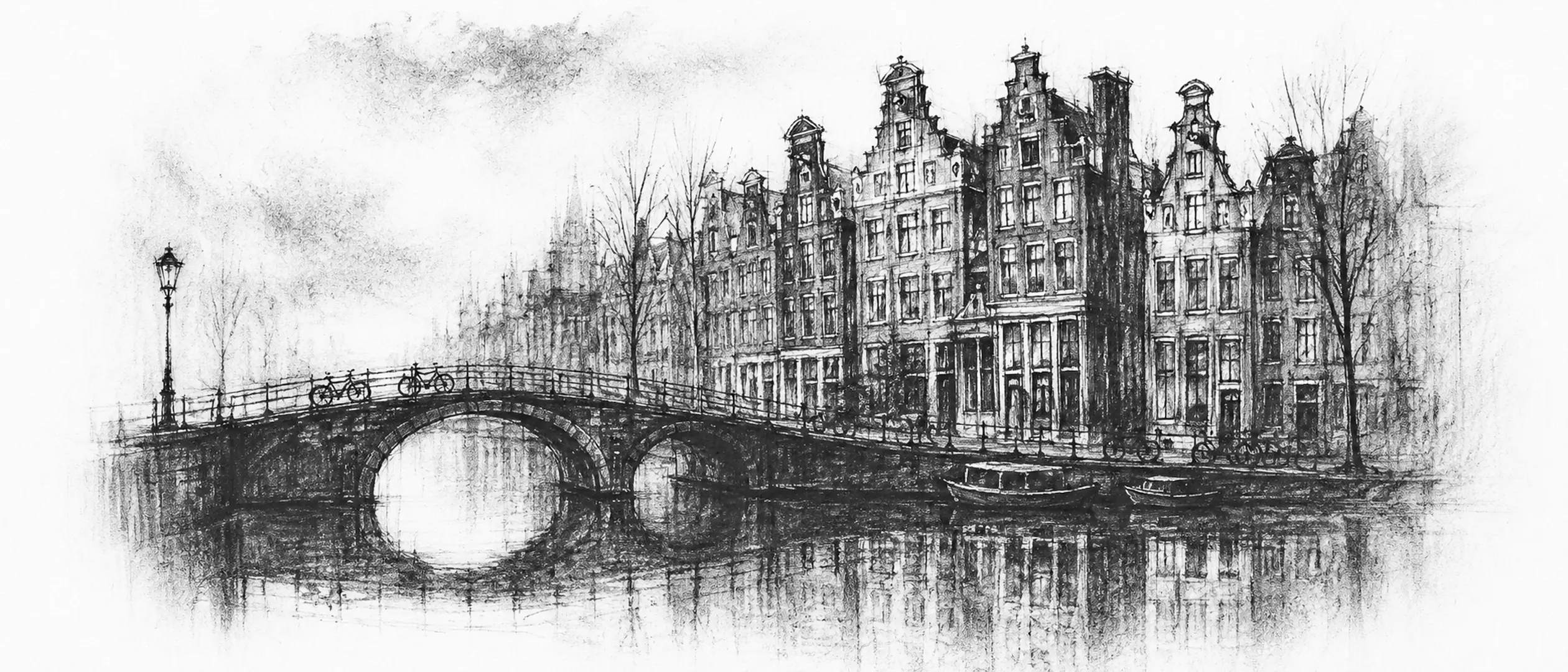 Charcoal sketch of a curving canal, a humpbacked bridge and a row of tall leaning gabled houses reflected, a few bicycles, low cloud - never been abroad