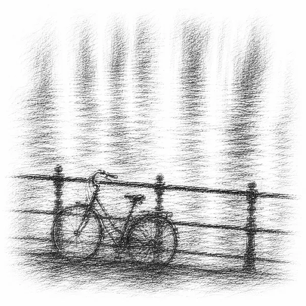 Charcoal sketch of a railing packed solid with parked bicycles