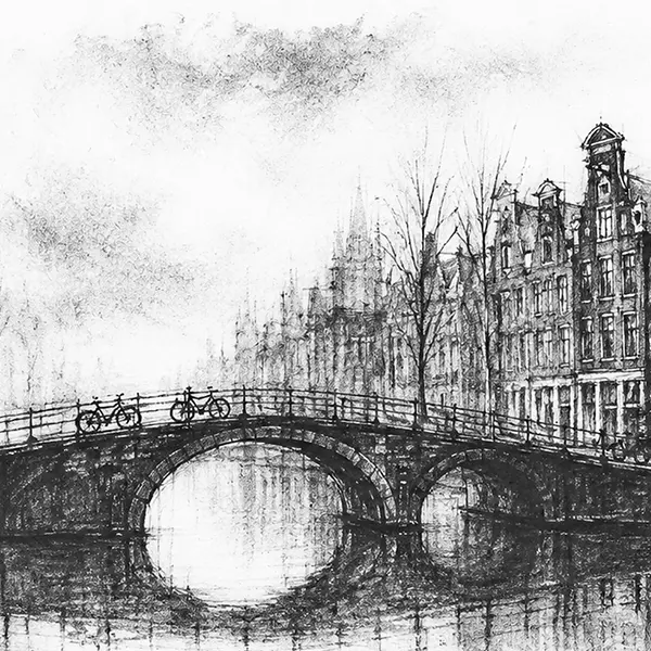 Charcoal sketch of a humpbacked canal bridge with iron railings and bicycles - Amsterdam