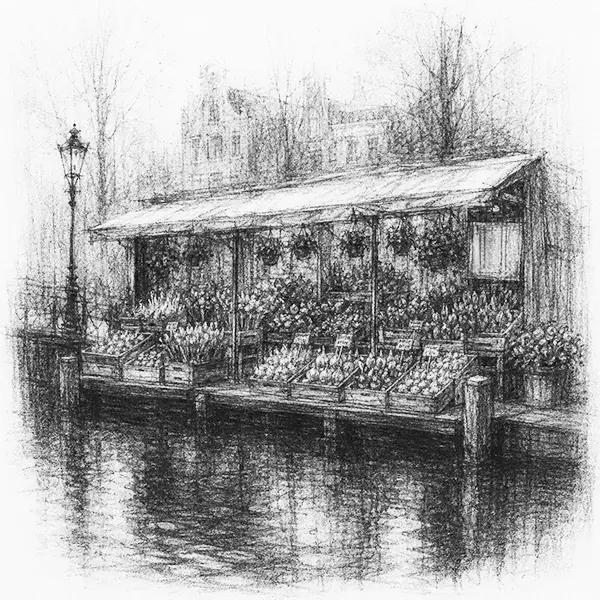 Charcoal sketch of a flower stall along the edge of the water