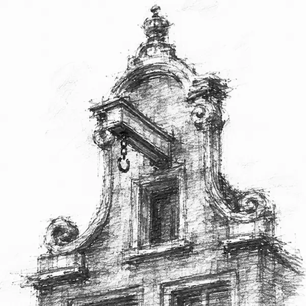 Charcoal sketch of the hoisting-beam and hook at the gable-peak of a narrow house
