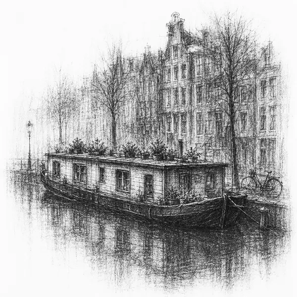 Charcoal sketch of a houseboat moored on a canal in Amsterdam