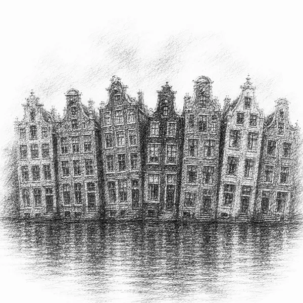 Charcoal sketch of a row of tall narrow leaning gabled canal houses of Amsterdam