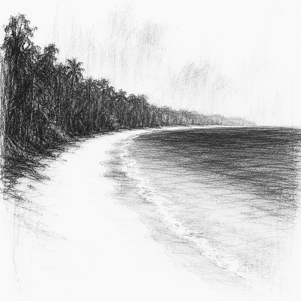 Charcoal sketch of the long famous sweep of Radhanagar beach at Havelock