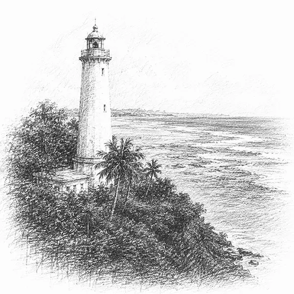 Charcoal sketch of a lighthouse on a jungle headland over the sea