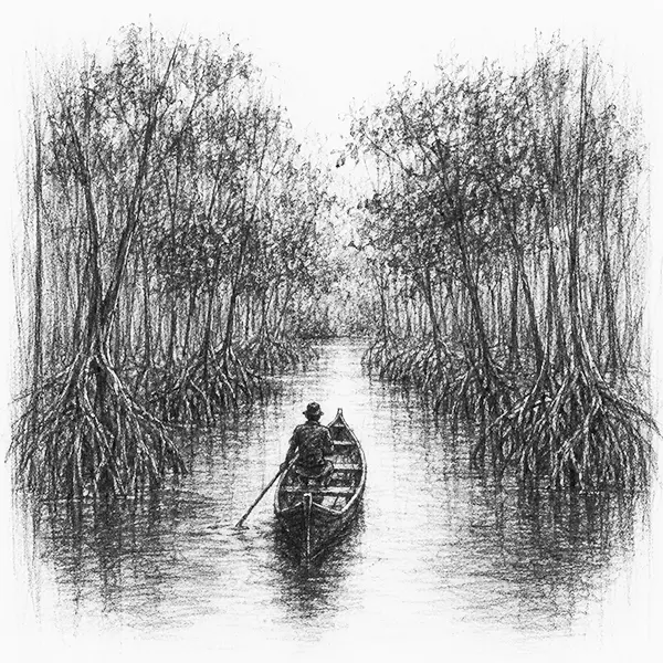 Charcoal sketch of a country boat among mangrove roots