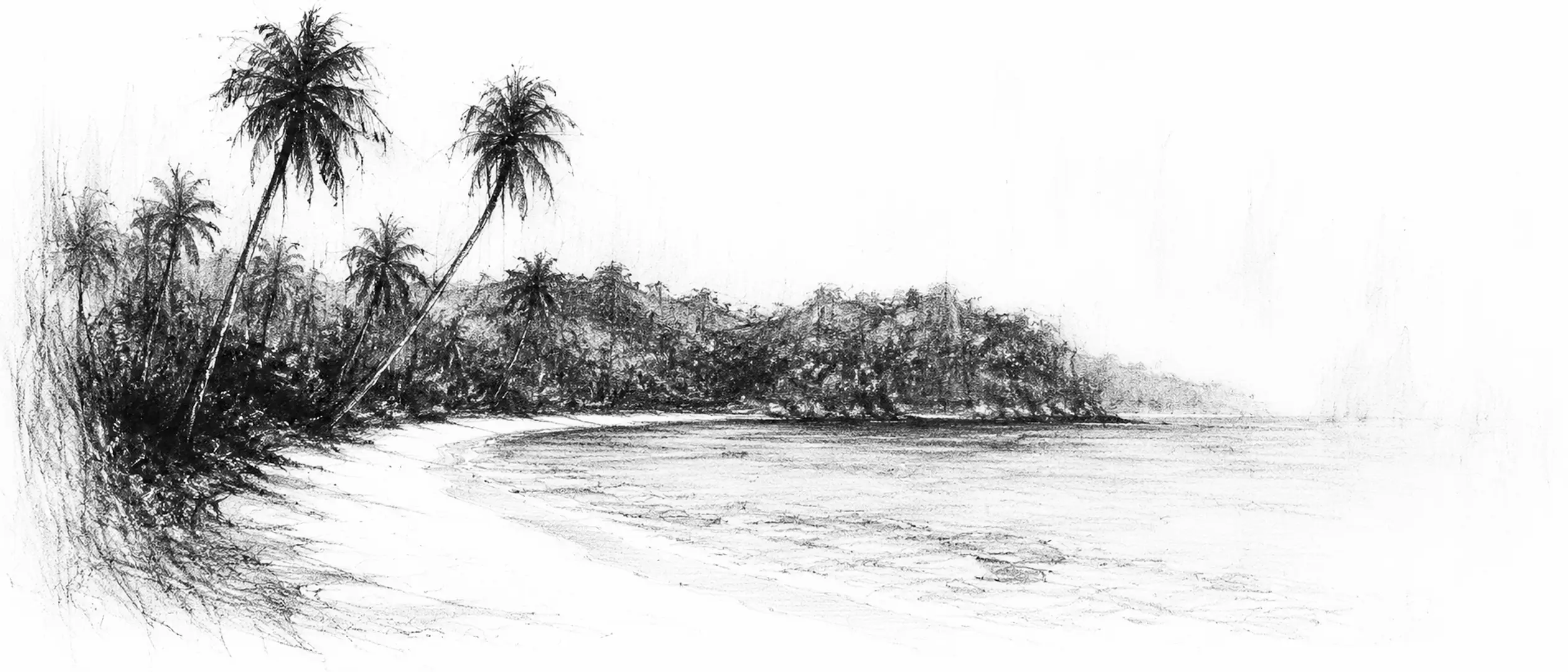 Charcoal sketch of a curving white-sand bay with leaning palms, turquoise shallows over reef, dense jungle headlands - never been abroad