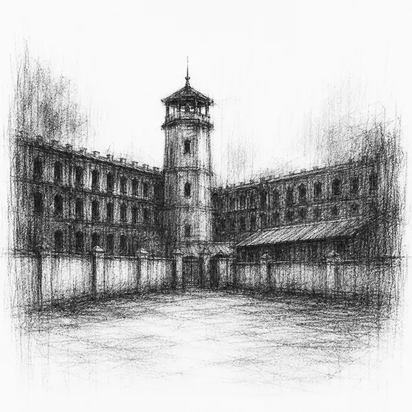 Charcoal sketch of the old colonial cellular prison of Andaman & Nicobar islands