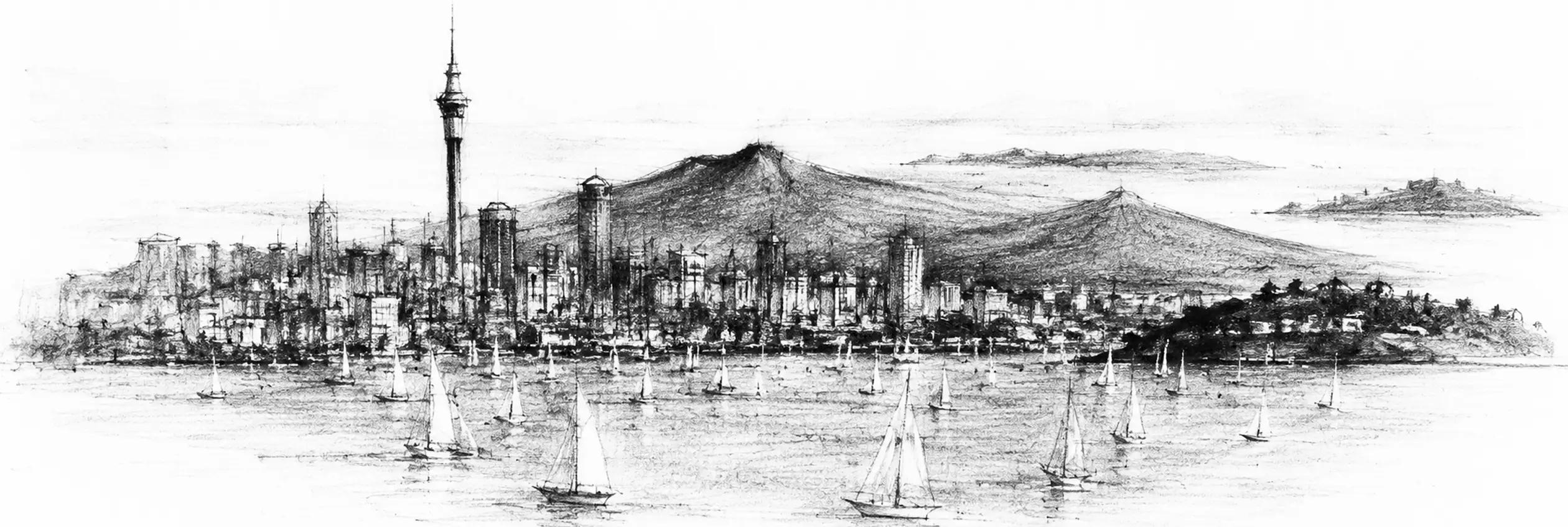 Charcoal sketch of a harbour of white sails under a tall slender tower, green volcanic cones behind the low city, islands on the water - never been abroad