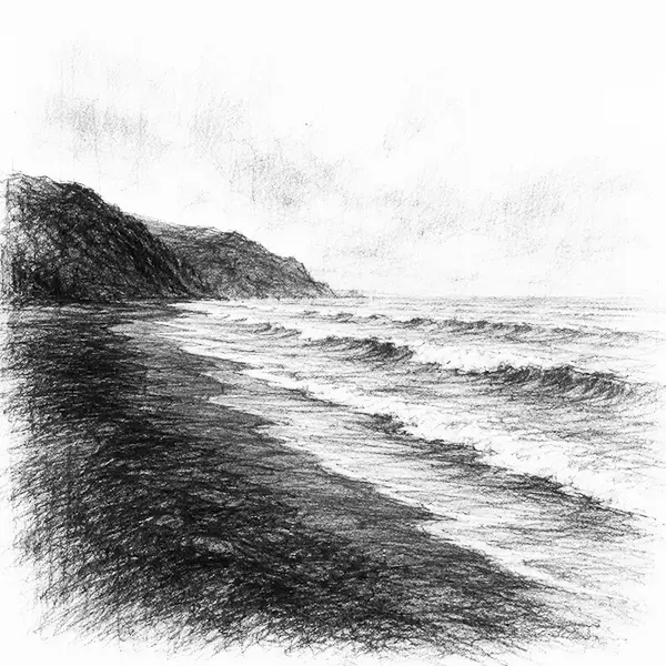 Charcoal sketch of the black-sand surf beach of Auckland
