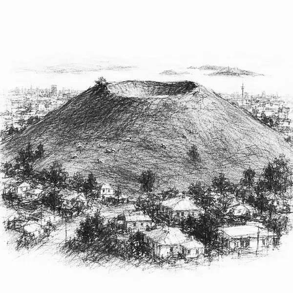 Charcoal sketch of a green grassy volcanic cone rising among houses