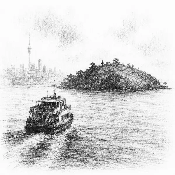 Charcoal sketch of the Auckland ferry crossing to a green island