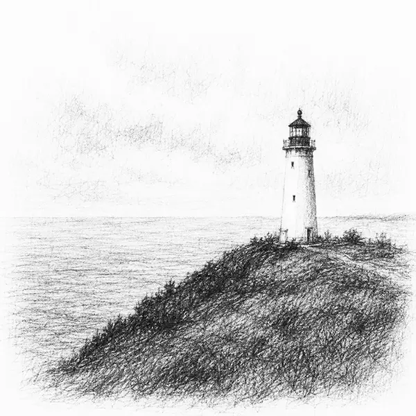 Charcoal sketch of a lighthouse on a green headland above the open sea