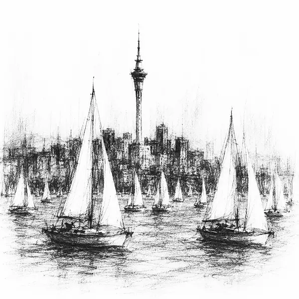 Charcoal sketch of Auckland harbour with white sails under a tall slender tower
