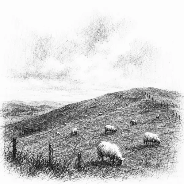 Charcoal sketch of sheep grazing on steep green hills under a big sky