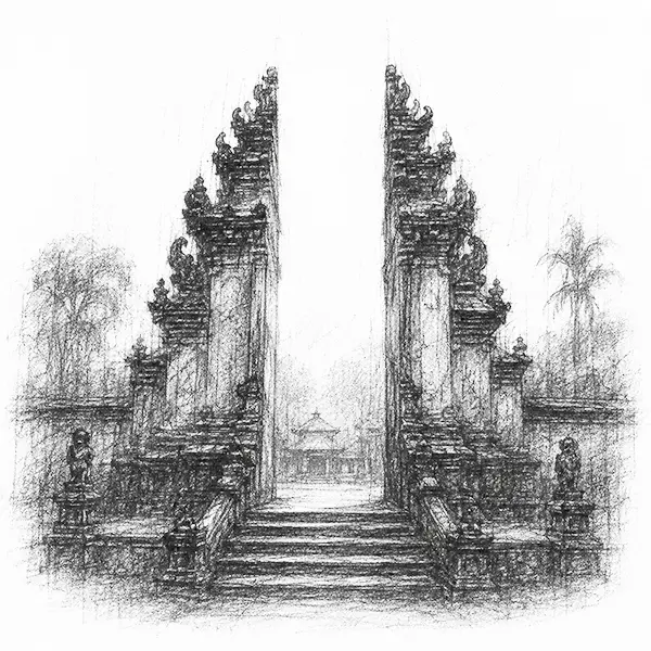 Charcoal sketch of a tall split temple gateway in Bali, opening onto a courtyard