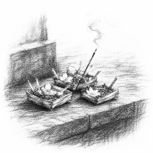 Charcoal sketch of small woven palm-leaf offerings on a stone step