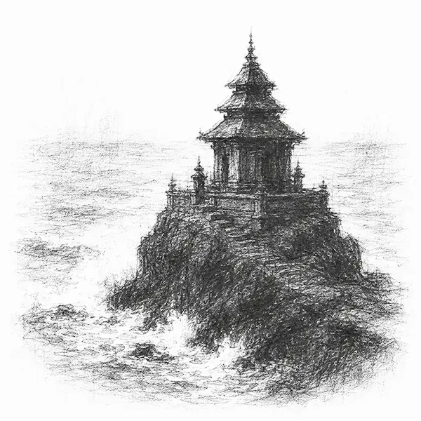 Charcoal sketch of a small temple in Bali on a rock just off the shore with surf around it