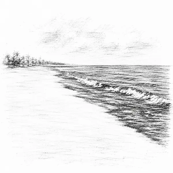 Charcoal sketch of surf rolling onto a dark-sand beach