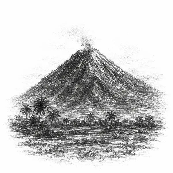 Charcoal sketch of a volcano cone rising over green fields in Bali
