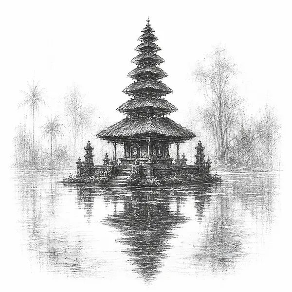 Charcoal sketch of a tiered temple shrine reflected in a still pool