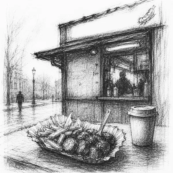 Charcoal sketch of a street-food stand with a paper tray of sausage and chips in Berlin