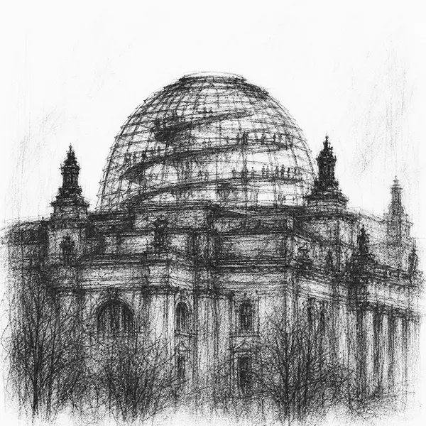 Charcoal sketch of a modern glass dome over the old parliament building