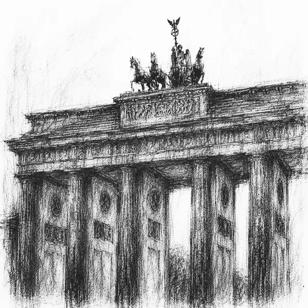 Charcoal sketch of the great columned Brandenburg Gate crowned with a chariot in Berlin