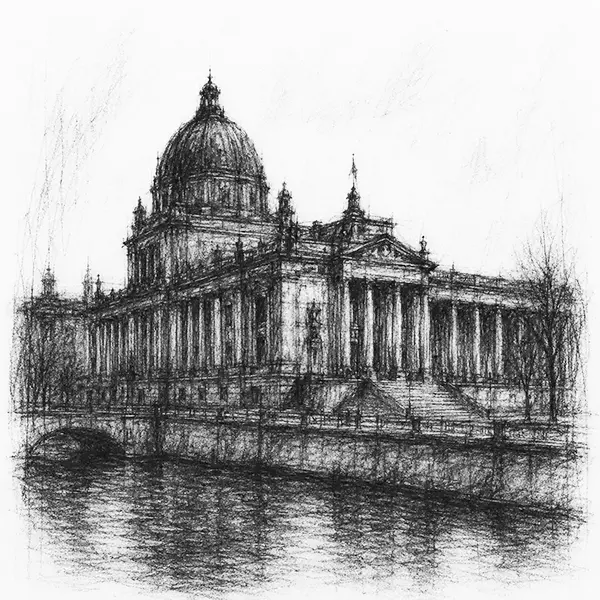 Charcoal sketch of grand museum domes and colonnades along the river