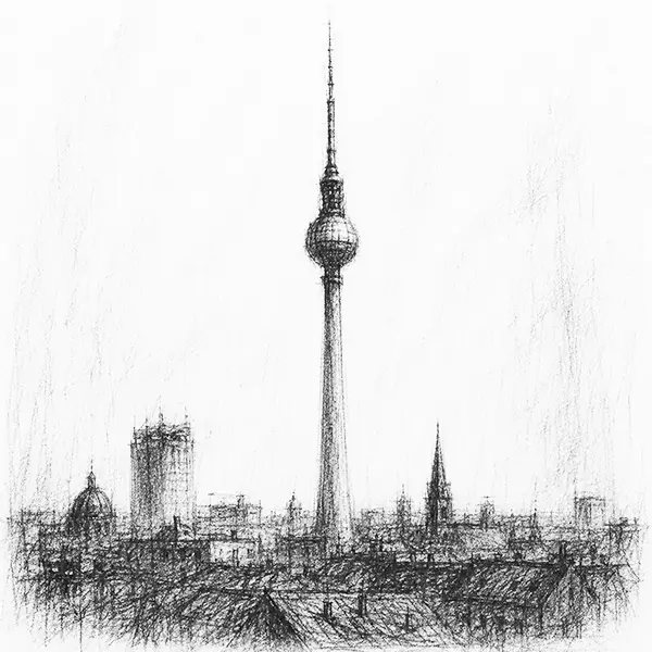 Charcoal sketch of a tall slender television tower with a ball near its top, over the rooftops