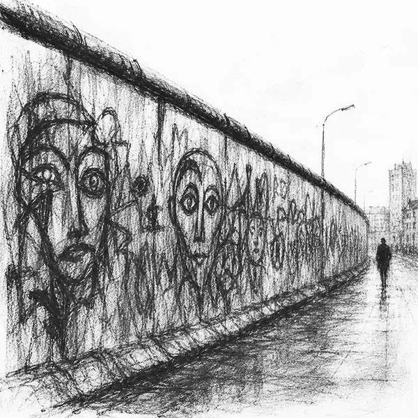 Charcoal sketch of a surviving graffiti-painted stretch of the old concrete wall in Berlin