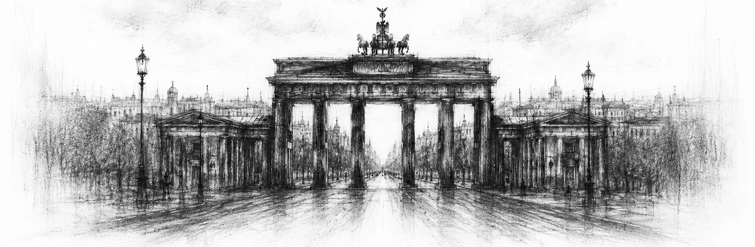 Charcoal sketch of a grand columned gate at the head of a wide boulevard, the low city beyond in grey light - never been abroad