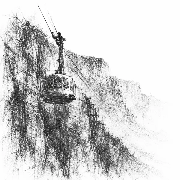 Charcoal sketch of a cable car climbing the sheer rock face of Table Mountain