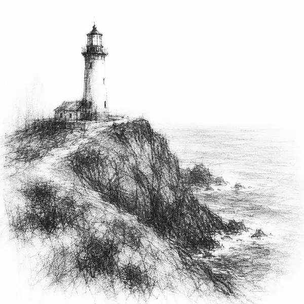 Charcoal sketch of an old lighthouse on a headland where two oceans meet, open water beyond