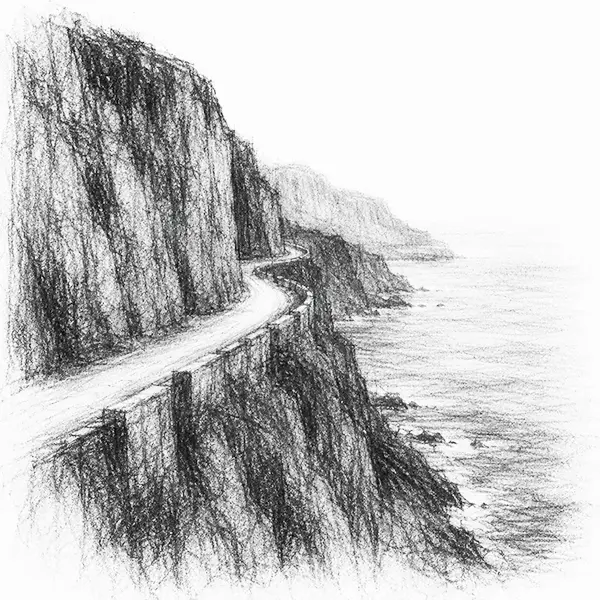 Charcoal sketch of a coast road cut into a steep cliff face high above the open sea at Cape Town
