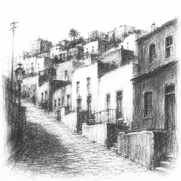 Charcoal sketch of a stacked hillside of row houses of different tones climbing a cobbled slope in the sun