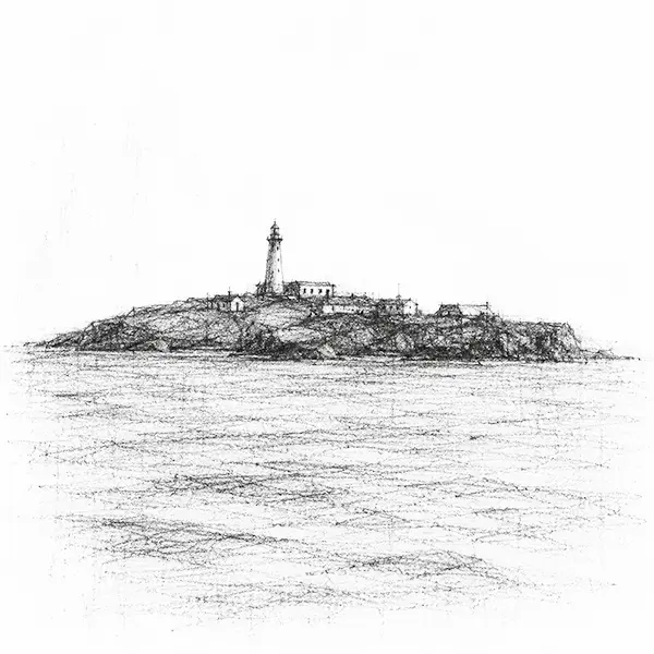 Charcoal sketch of a low flat island lying across the bay, a small lighthouse and low buildings on it