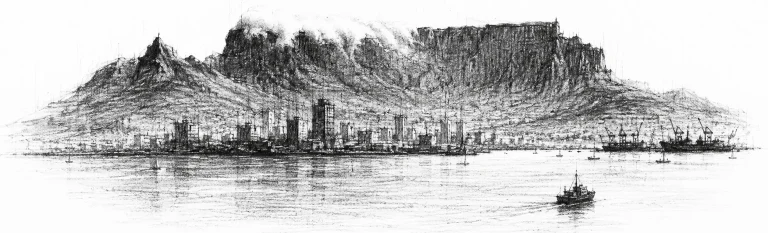 Charcoal sketch of Table Mountain rising flat-topped over Cape Town and the wide bay, a scrap of cloud spilling over its rim - never been abroad