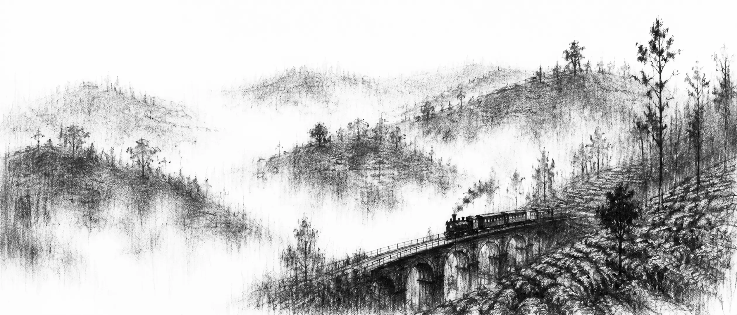 Charcoal sketch of misted tea-covered hills, a small train on a curved viaduct, low cloud filling the valleys - never been abroad