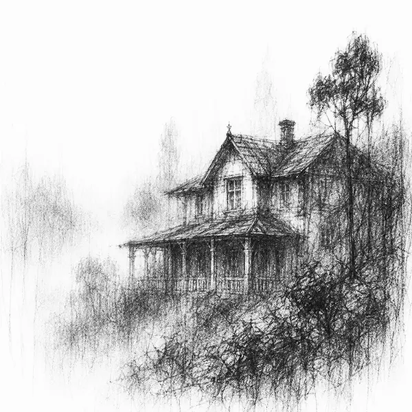 Charcoal sketch of a colonial-era hill bungalow in Coonoor, half-lost in fog