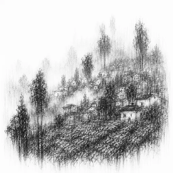 Charcoal sketch of a small secluded hill village among tea and trees in mist