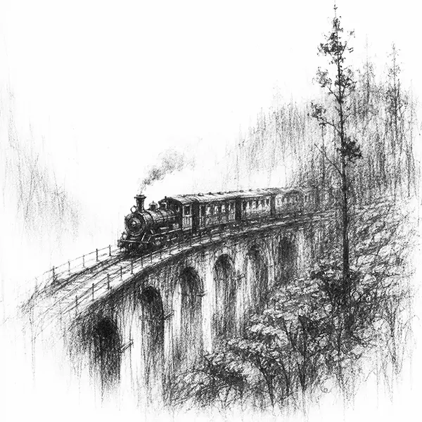 Charcoal sketch of the little mountain train of Coonoor on a curved hillside viaduct